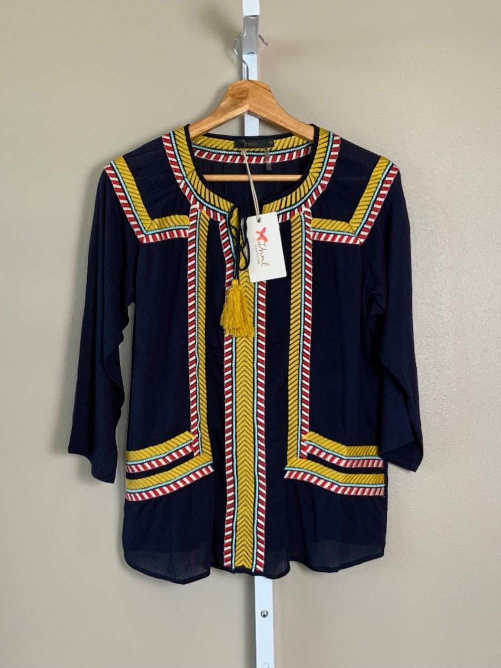 THML Embroidered Tassel Tie 3/4 Sleeve Top